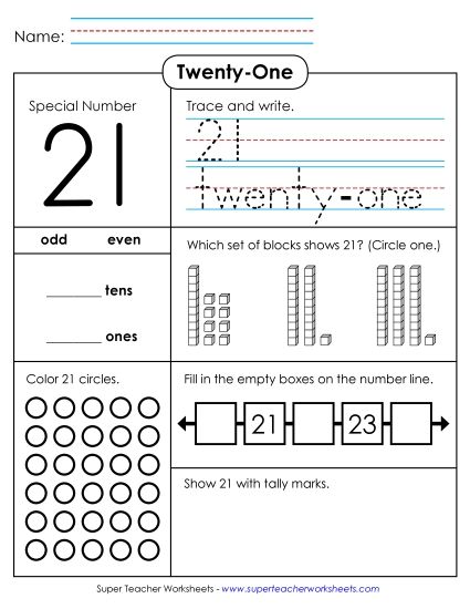 Number Twenty-One - Special Number: 21 (Printable PDF Worksheet)