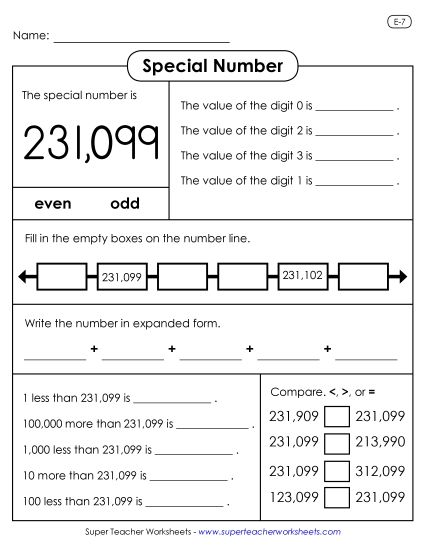 6-Digit Numbers - Special Number: 231,099 (Printable PDF Worksheet)