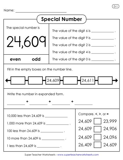 5-Digit Numbers - Special Number: 24,609 (Printable PDF Worksheet)