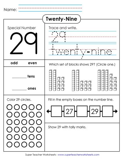 Twenty-Nine - Special Number: 29 (Printable PDF Worksheet)