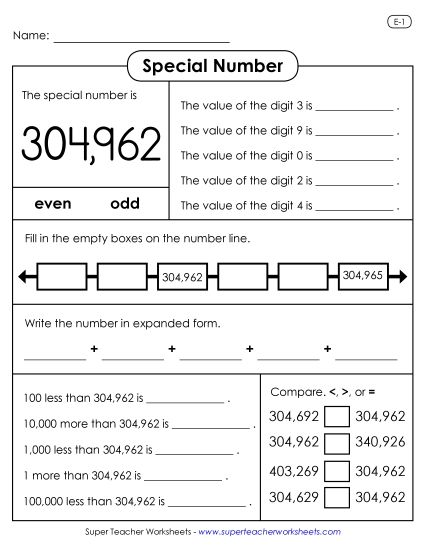6-Digit Numbers - Special Number: 304,962 (Printable PDF Worksheet)