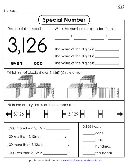 4-Digit Numbers - Special Number: 3,126 (Printable PDF Worksheet)