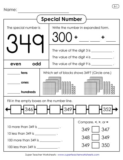 3-Digit Numbers - Special Number: 349 (Printable PDF Worksheet)