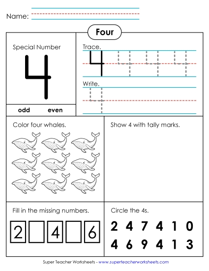Single-Digit Numbers - Special Number: 4 (Printable PDF Worksheet)