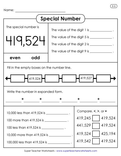6-Digit Numbers - Special Number: 419,524 (Printable PDF Worksheet)