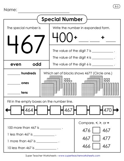 3-Digit Numbers - Special Number: 467 (Printable PDF Worksheet)