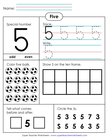 Single-Digit Numbers - Special Number: 5 (Printable PDF Worksheet)