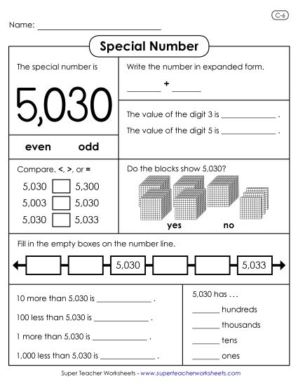 4-Digit Numbers - Special Number: 5,030 (Printable PDF Worksheet)