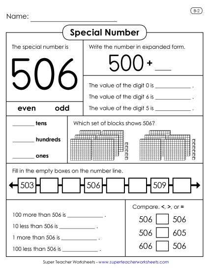 3-Digit Numbers - Special Number: 506 (Printable PDF Worksheet)