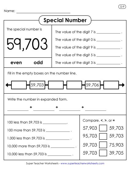 5-Digit Numbers - Special Number: 59,703 (Printable PDF Worksheet)