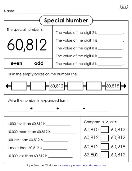 5-Digit Numbers - Special Number: 60,812 (Printable PDF Worksheet)