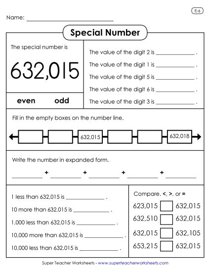 6-Digit Numbers - Special Number: 632,015 (Printable PDF Worksheet)