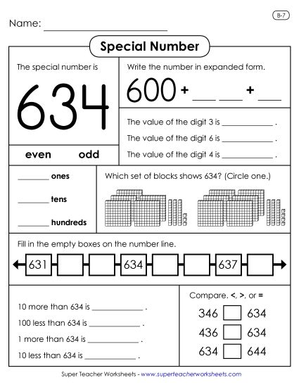3-Digit Numbers - Special Number: 634 (Printable PDF Worksheet)
