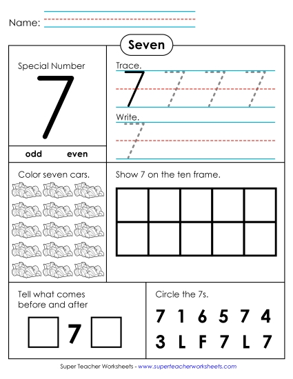 Single-Digit Numbers - Special Number: 7 (Printable PDF Worksheet)