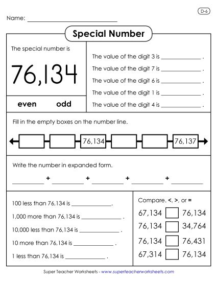 5-Digit Numbers - Special Number: 76,134 (Printable PDF Worksheet)