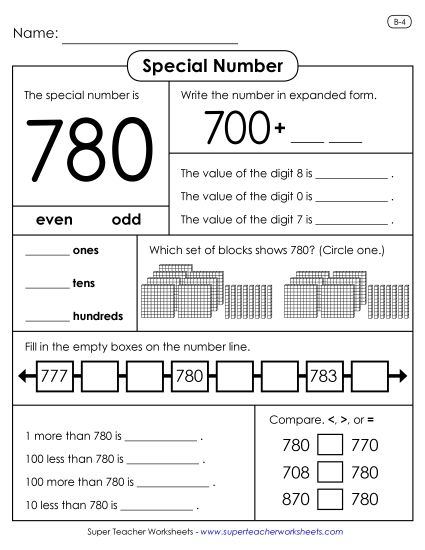 3-Digit Numbers - Special Number: 780 (Printable PDF Worksheet)