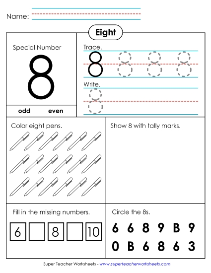 Single-Digit Numbers - Special Number: 8 (Printable PDF Worksheet)