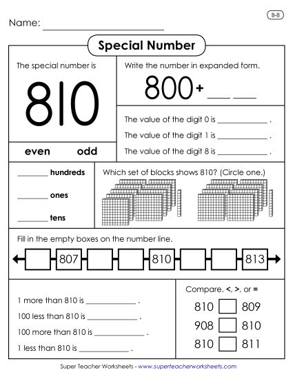 3-Digit Numbers - Special Number: 810 (Printable PDF Worksheet)