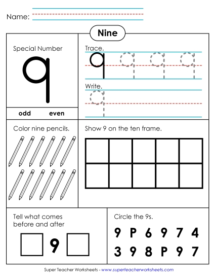 Single-Digit Numbers - Special Number: 9 (Printable PDF Worksheet)