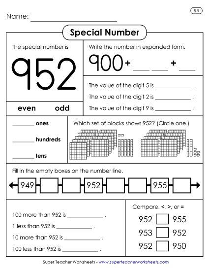 3-Digit Numbers - Special Number: 952 (Printable PDF Worksheet)