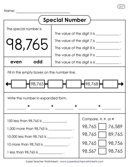 5-Digit Numbers - Special Number: 98,765 (Printable PDF Worksheet)