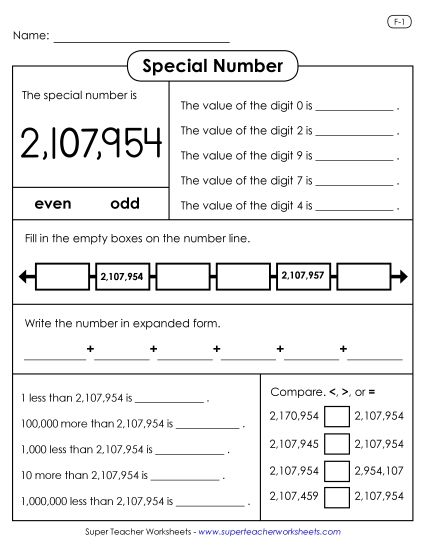 Special Numbers - Special Number Activity: 2,107,954 (Printable PDF Worksheet)