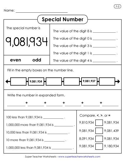 Special Numbers - Special Number Activity: 9,081,934 (Printable PDF Worksheet)
