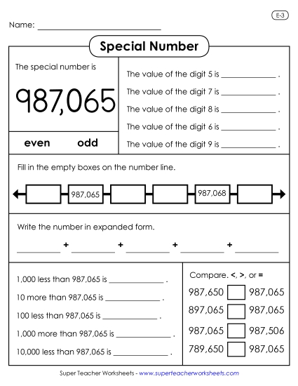 6-Digit Numbers - Special Number Activity: 987,065 (Printable PDF Worksheet)