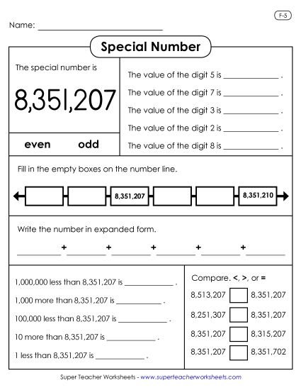 Special Numbers - Special Numbers Activity: 8,351,207 (Printable PDF Worksheet)