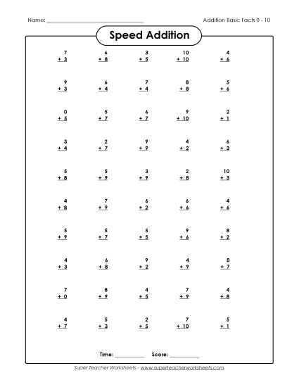Speed Addition Drills - Speed Addition 0-10 (Version 1) (Printable PDF Worksheet)