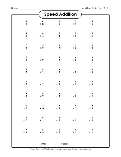 Speed Addition Drills - Speed Addition 0-9 (Printable PDF Worksheet)
