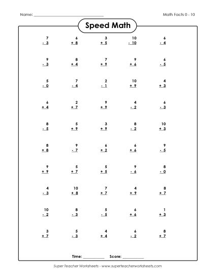 Speed Math - Speed Math (Add/Subtract) (Printable PDF Worksheet)