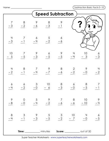 Speed Drill Worksheets - Speed Subtraction 0-10 (Version 1) (Printable PDF Worksheet)