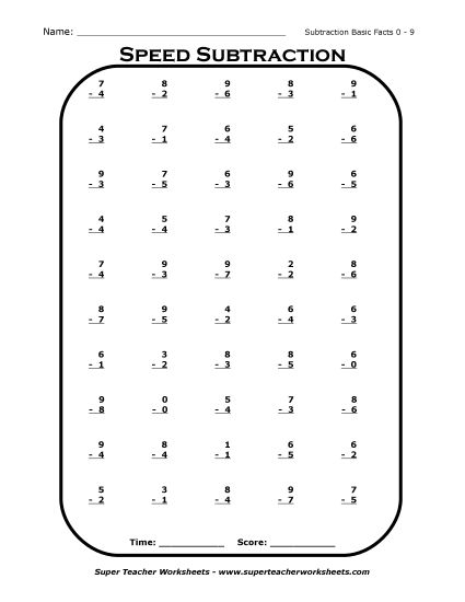 Subtraction Basic Facts (0-18) Mad Minute Drills - Speed Subtraction Basic Facts (0 - 9) (Printable PDF Worksheet)
