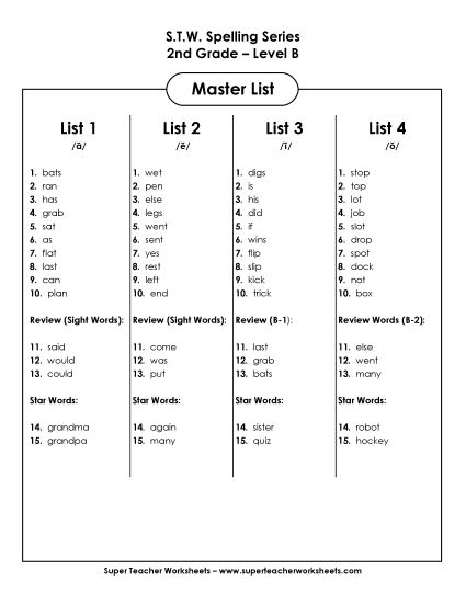 Master List - Spelling 2nd Grade Master List (Printable PDF Worksheet)