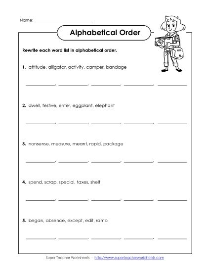 Alphabetical Order - Spelling Alphabetical Order (D-1) (Printable PDF Worksheet)