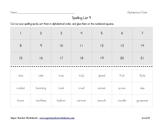 Grade 4 Spelling /oo/ Words - Spelling Alphabetical Order (Grade 4) (Printable PDF Worksheet)
