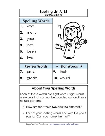 Spelling List - Spelling List A-18 (Printable PDF Worksheet)