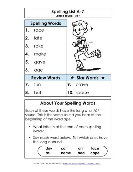 Spelling List - Spelling List A-7 (Printable PDF Worksheet)