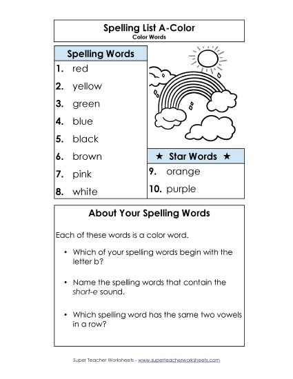 Spelling List - Spelling List (A-Color Words)  (Printable PDF Worksheet)
