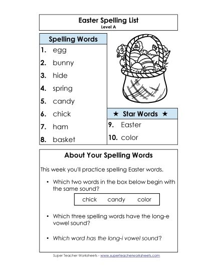 Word List - Spelling List (A-Easter) (Printable PDF Worksheet)