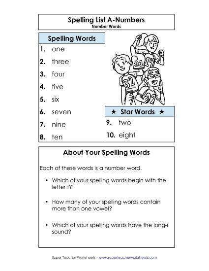 Spelling List - Spelling List (A-Number Words)  (Printable PDF Worksheet)