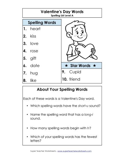 Spelling List - Spelling List (A-Valentine's Day)  (Printable PDF Worksheet)