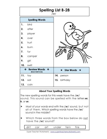 Spelling List - Spelling List B-28 (Printable PDF Worksheet)