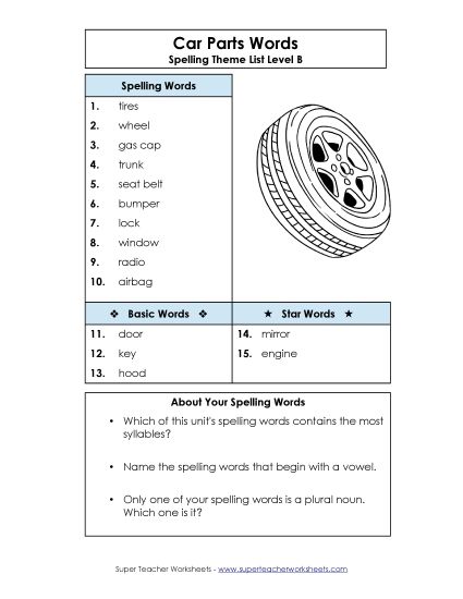 Spelling List - Spelling List (B-Car Parts)  (Printable PDF Worksheet)