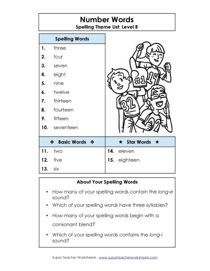 Spelling List - Spelling List (B-Number Words)  (Printable PDF Worksheet)
