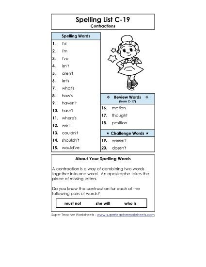 Spelling List - Spelling List C-19 (Printable PDF Worksheet)