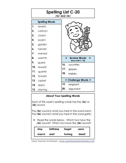 Spelling List - Spelling List C-20 (Printable PDF Worksheet)