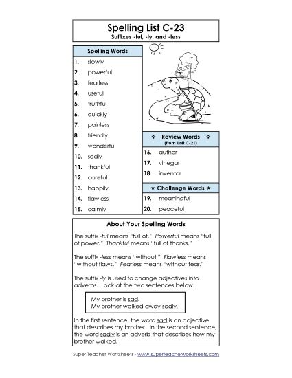 Spelling List - Spelling List C-23 (Printable PDF Worksheet)