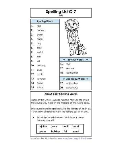 Spelling List - Spelling List C-7 (Printable PDF Worksheet)